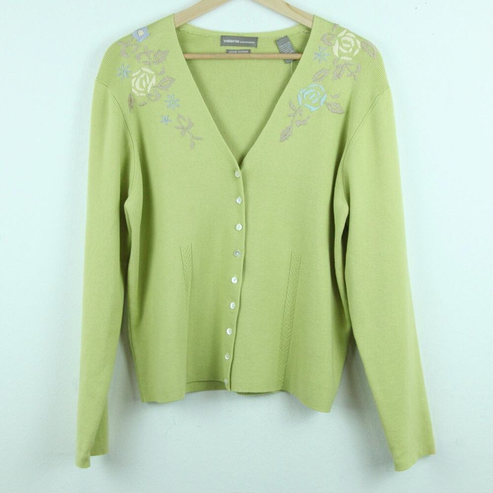 Vintage Women's XL Cardigan Pistachio Green Embroidered Floral Dainty Y2K Preppy